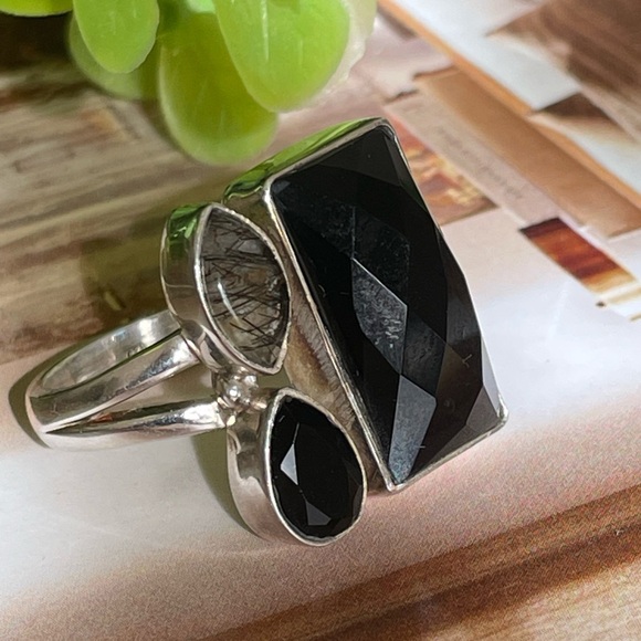 VizionartebyJyoti Jewelry - Ring Black Onyx multi stone statement Ring in 925 Sterling silver (US 7 and up)